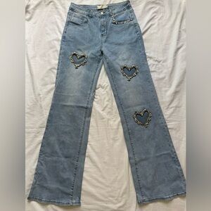 Lizette Collection Jeans Heart Cutout Wide Leg Rhinestones Womens Size Large